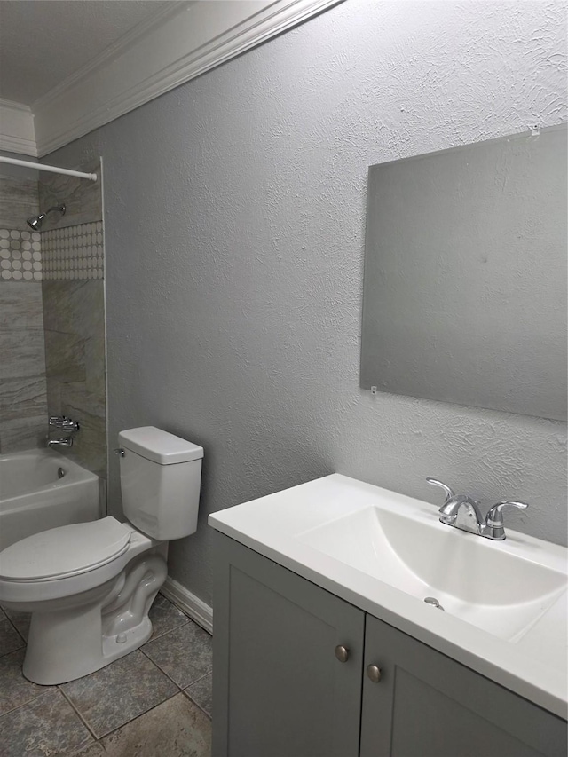 5501 Miami Dr, Rowlett, TX 75088 - full bath featuring toilet, vanity, bathtub / shower combination, ornamental molding, and tile patterned flooring