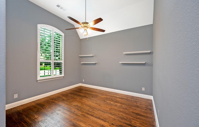 1116 Lake Hills Trl, Roanoke, TX 76262 - empty room with vaulted ceiling, a ceiling fan, wood finished floors, and baseboards