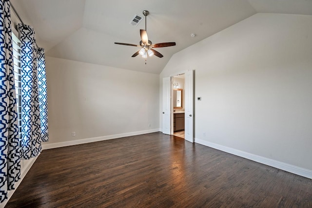 1116 Lake Hills Trl, Roanoke, TX 76262 - spare room featuring lofted ceiling, ceiling fan, dark wood-type flooring, and baseboards