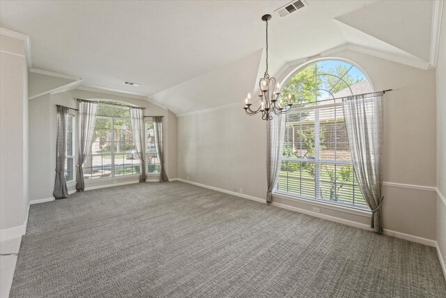 unfurnished dining area featuring vaulted ceiling, plenty of natural light, a chandelier, baseboards, and carpet floors
