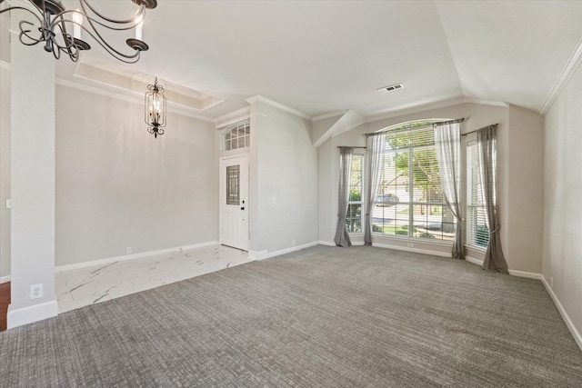 unfurnished living room featuring a chandelier, ornamental molding, carpet flooring, baseboards, and lofted ceiling