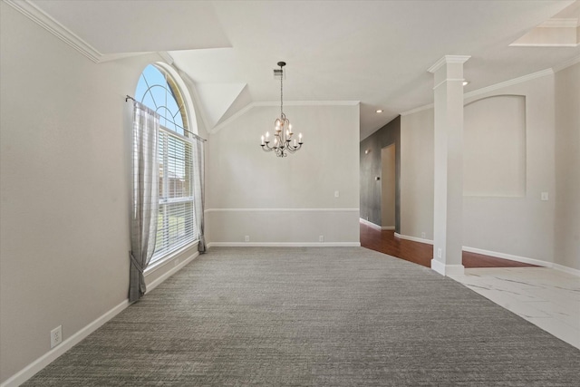 carpeted empty room with healthy amount of natural light, crown molding, baseboards, a chandelier, and vaulted ceiling