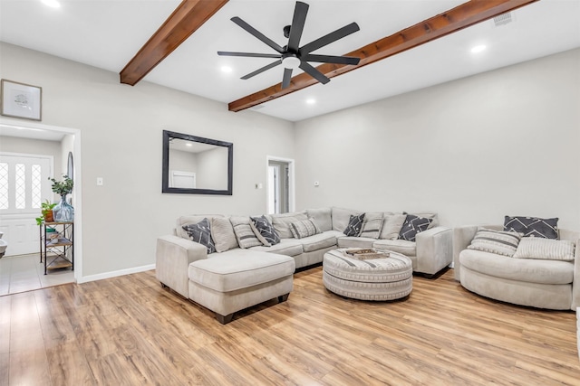 1032 Peach Ln, Desoto, TX 75115 - living area featuring recessed lighting, beamed ceiling, light wood finished floors, a ceiling fan, and baseboards