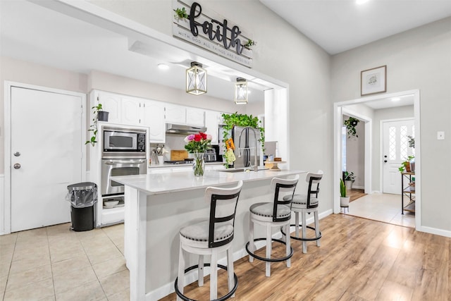 1032 Peach Ln, Desoto, TX 75115 - kitchen with stainless steel appliances, under cabinet range hood, a sink, light countertops, and white cabinets