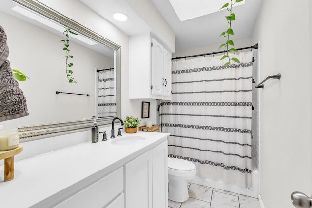 1032 Peach Ln, Desoto, TX 75115 - bathroom with marble look tiles, toilet, a skylight, vanity, and shower / bath combo with shower curtain