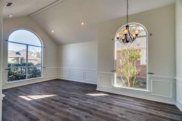 4804 Nocona Dr, Plano, TX 75024 - unfurnished dining area featuring a chandelier, wainscoting, a decorative wall, dark wood-style flooring, and recessed lighting