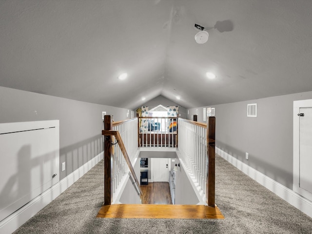 1942 Fairmount Ave, Fort Worth, TX 76110 - staircase featuring lofted ceiling, carpet flooring, baseboards, and recessed lighting
