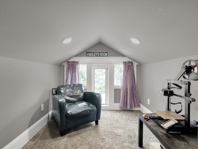 1942 Fairmount Ave, Fort Worth, TX 76110 - home office featuring lofted ceiling, baseboards, light carpet, and recessed lighting