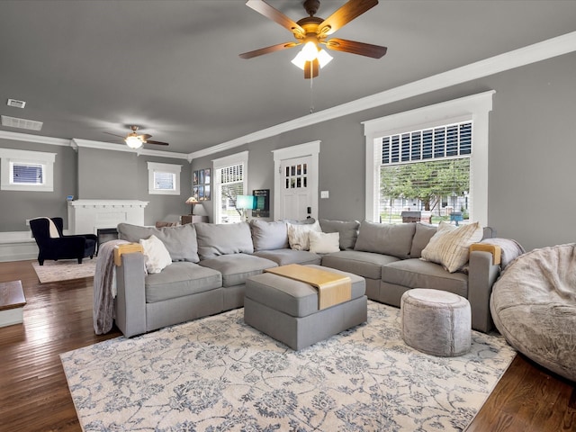 1942 Fairmount Ave, Fort Worth, TX 76110 - living area with ceiling fan, ornamental molding, dark wood-style flooring, plenty of natural light, and a fireplace