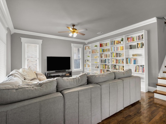 1942 Fairmount Ave, Fort Worth, TX 76110 - living room with dark wood finished floors, ornamental molding, a ceiling fan, and stairway