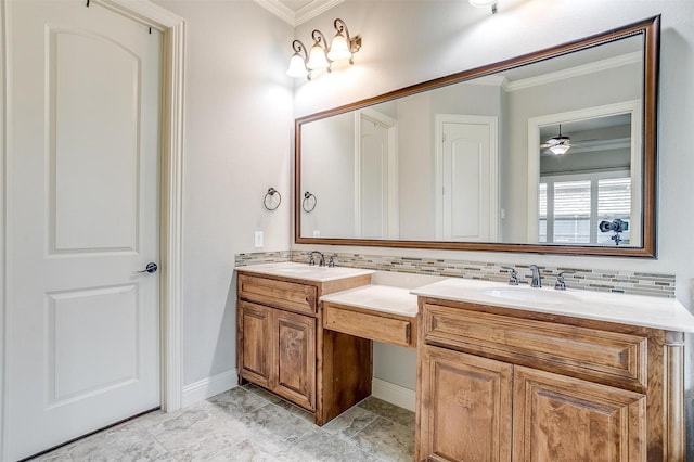4701 Trevor Trl, Grapevine, TX 76051 - full bath featuring ornamental molding, tasteful backsplash, double vanity, baseboards, and a ceiling fan