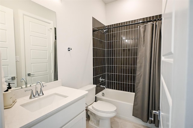 bathroom with toilet, shower / bath combination with curtain, vanity, and tile patterned floors
