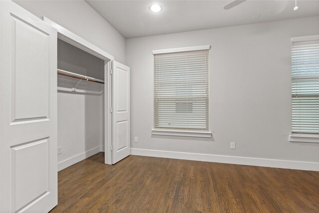 1317 Palm Canyon Dr, Dallas, TX 75204 - unfurnished bedroom featuring baseboards, dark wood-type flooring, a closet, recessed lighting, and a ceiling fan