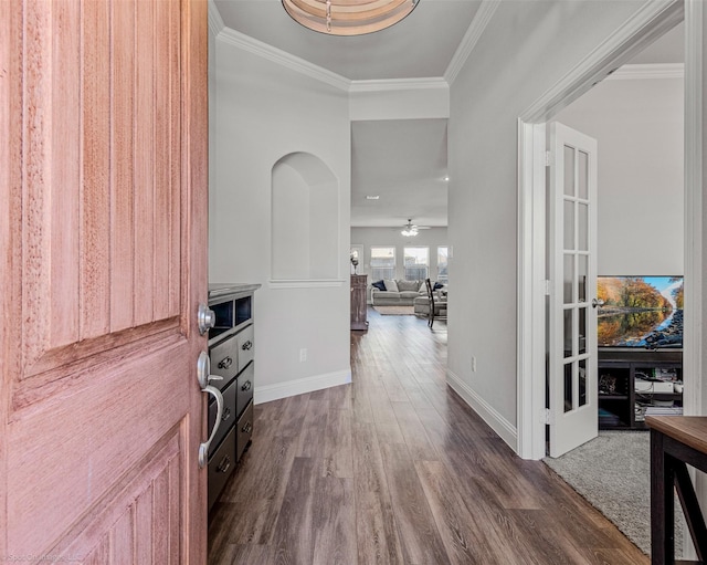 623 Comal Dr, Crandall, TX 75114 - hall featuring dark wood-type flooring, baseboards, and ornamental molding