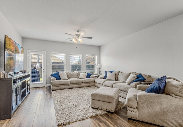 623 Comal Dr, Crandall, TX 75114 - living area featuring a ceiling fan and wood finished floors