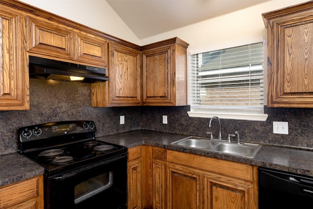 4541 Grainland Ct, Fort Worth, TX 76179 - kitchen featuring black appliances, under cabinet range hood, a sink, dark countertops, and vaulted ceiling