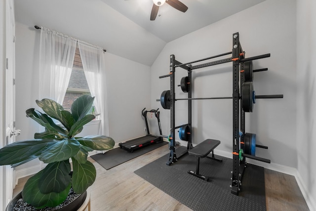 5604 Ridgeson Dr, Mckinney, TX 75071 - exercise area with ceiling fan, wood finished floors, vaulted ceiling, and baseboards