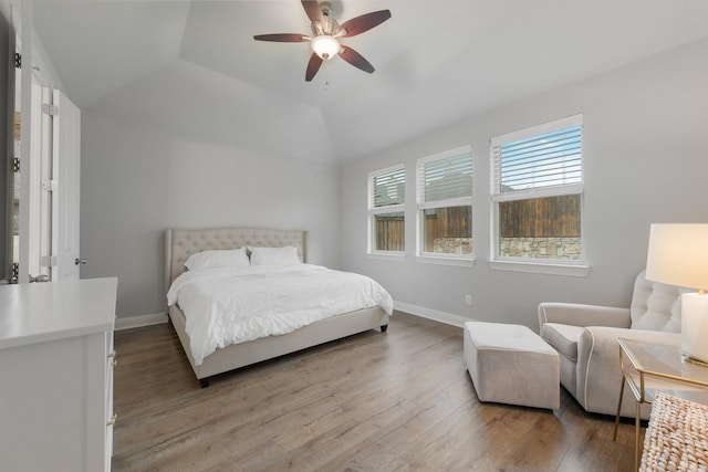 5604 Ridgeson Dr, Mckinney, TX 75071 - bedroom featuring light wood-style floors, baseboards, a ceiling fan, and lofted ceiling