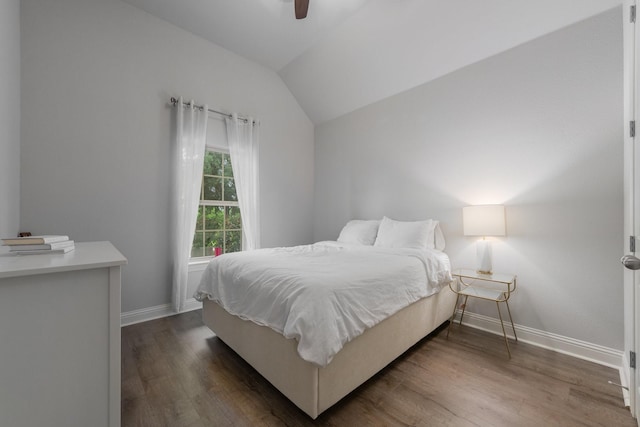 5604 Ridgeson Dr, Mckinney, TX 75071 - bedroom featuring vaulted ceiling, dark wood-style floors, baseboards, and a ceiling fan