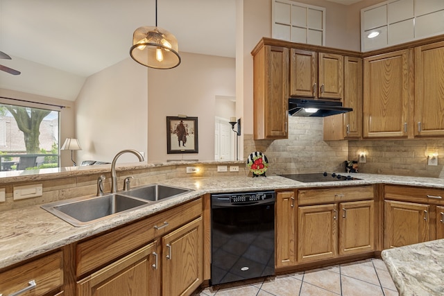 1453 Cattle Baron Ct, Fairview, TX 75069 - kitchen with black appliances, under cabinet range hood, a sink, decorative backsplash, and light tile patterned flooring
