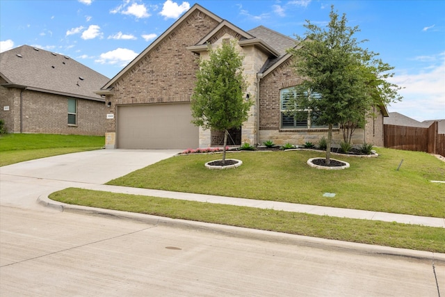 view of front facade with driveway, stone siding, an attached garage, and brick siding