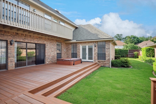 1817 Crockett Cir, Irving, TX 75038 - back of house with a covered hot tub, brick siding, french doors, and a deck