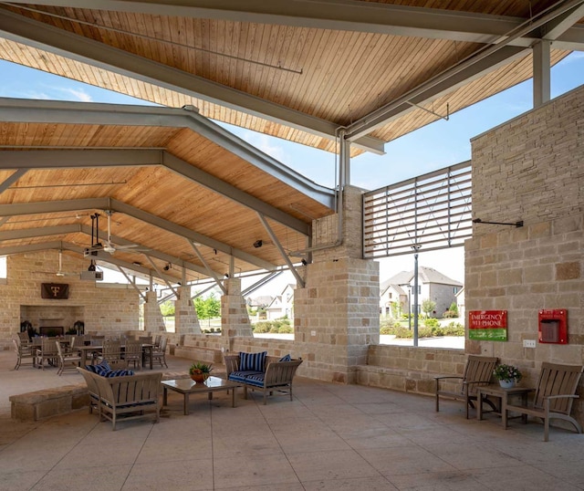 7500 W Fork Ln, Mckinney, TX 75071 - view of patio / terrace featuring a gazebo, an outdoor living space with a fireplace, and ceiling fan