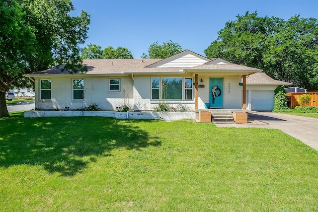 single story home featuring concrete driveway, brick siding, an attached garage, and a shingled roof
