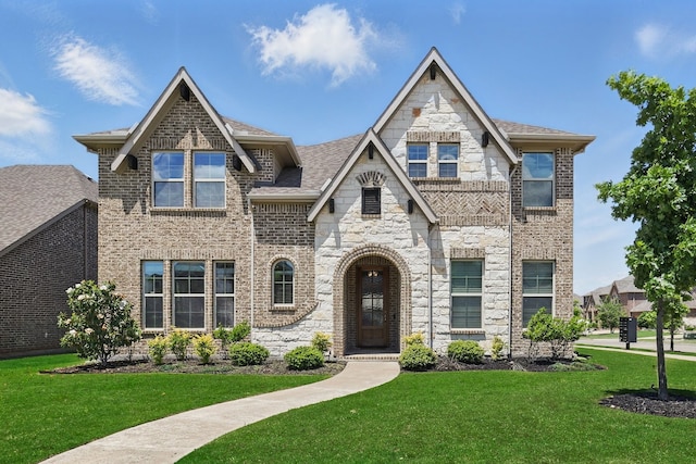 view of front of home with stone siding, a front lawn, a shingled roof, and brick siding