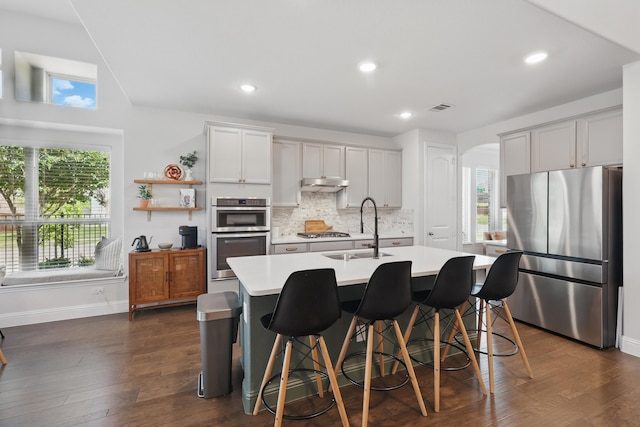 kitchen featuring stainless steel appliances, a sink, under cabinet range hood, light countertops, and backsplash