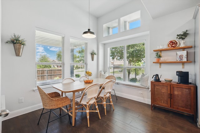 dining area with baseboards and dark wood-style floors