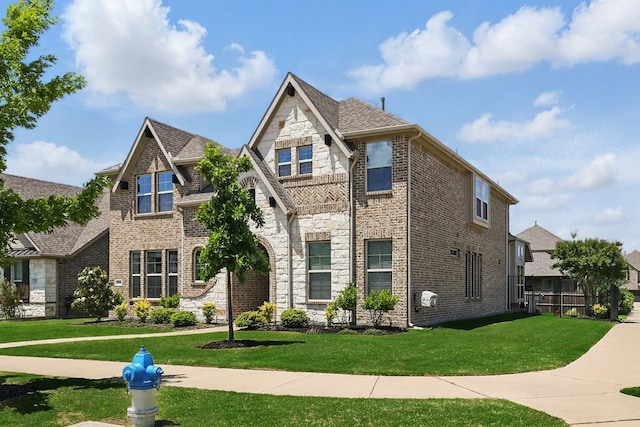 view of front facade featuring a front lawn, brick siding, and stone siding