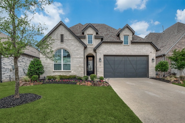 1905 Halkin Rd, Celina, TX 75009 - french country home featuring an attached garage, brick siding, driveway, and a front lawn