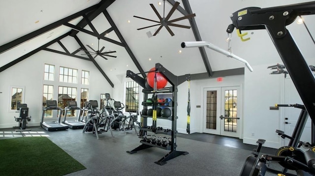 1905 Halkin Rd, Celina, TX 75009 - exercise room featuring high vaulted ceiling, french doors, plenty of natural light, beamed ceiling, and baseboards