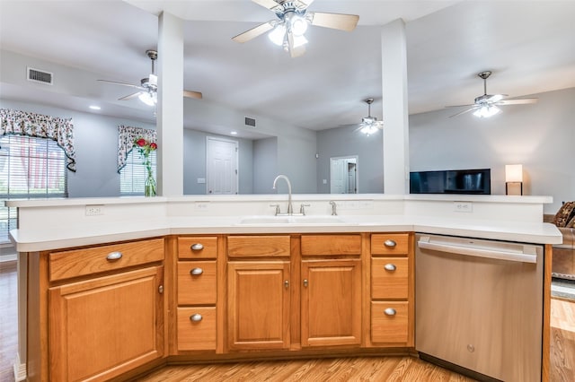 1811 Ashford Ln, Midlothian, TX 76065 - kitchen featuring stainless steel dishwasher, open floor plan, a sink, and ceiling fan