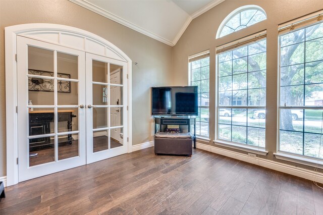 3625 Cottonwood Springs Dr, The Colony, TX 75056 - living area with crown molding, lofted ceiling, dark wood-type flooring, french doors, and baseboards