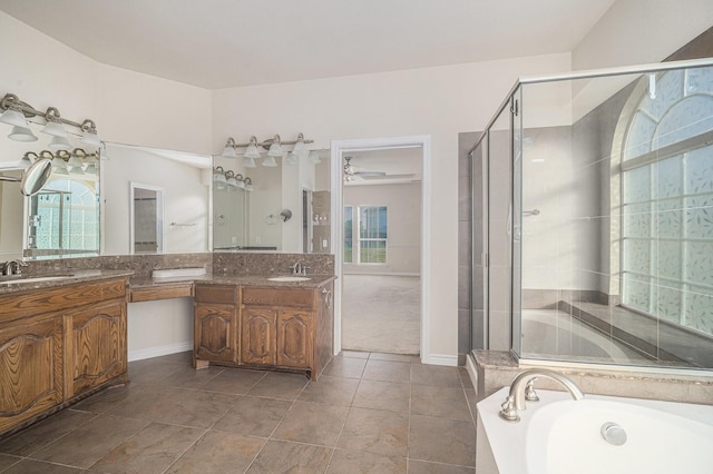 1432 Fence Post Dr, Fort Worth, TX 76052 - full bathroom with a shower stall, a bath, vanity, and ceiling fan