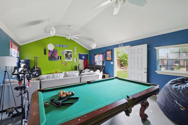 104 Radecke Rd, Krum, TX 76249 - playroom featuring a ceiling fan, vaulted ceiling, crown molding, and billiards