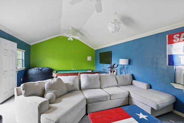 104 Radecke Rd, Krum, TX 76249 - living room featuring a ceiling fan, ornamental molding, lofted ceiling, billiards, and cooling unit