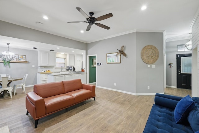 104 Radecke Rd, Krum, TX 76249 - living room with recessed lighting, a ceiling fan, baseboards, light wood finished floors, and crown molding