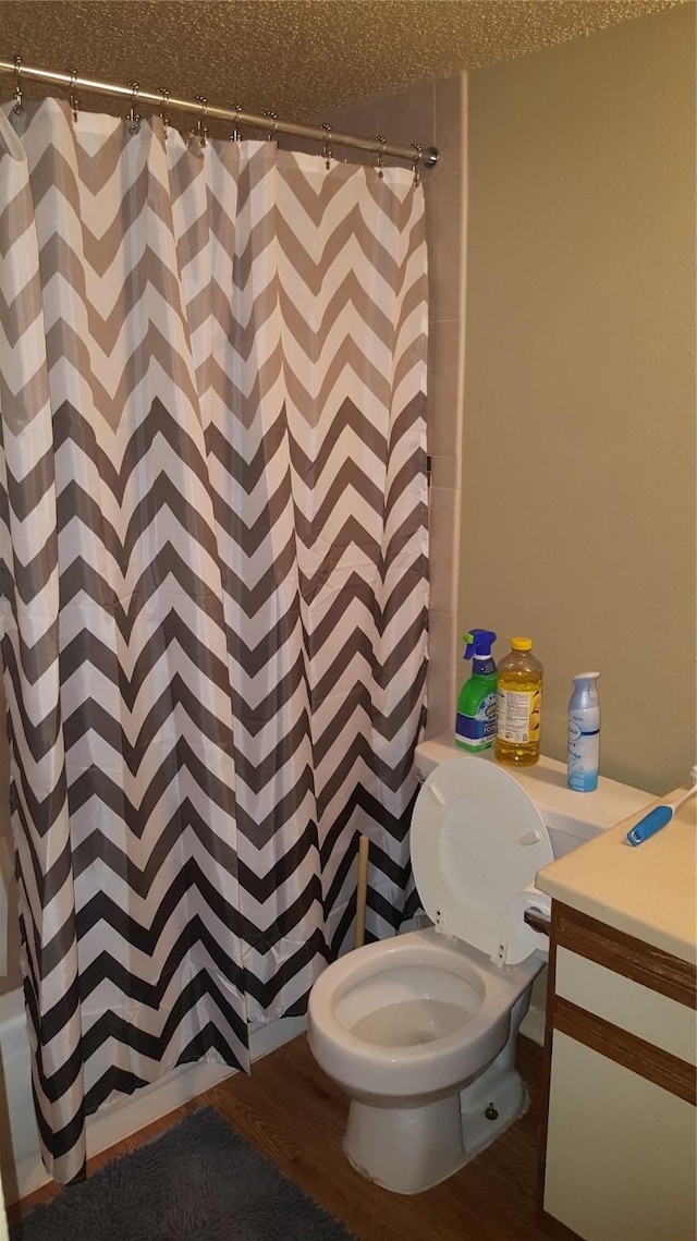 218 N Texas Blvd, Denton, TX 76201 - bathroom with wood finished floors, toilet, vanity, and a shower with curtain