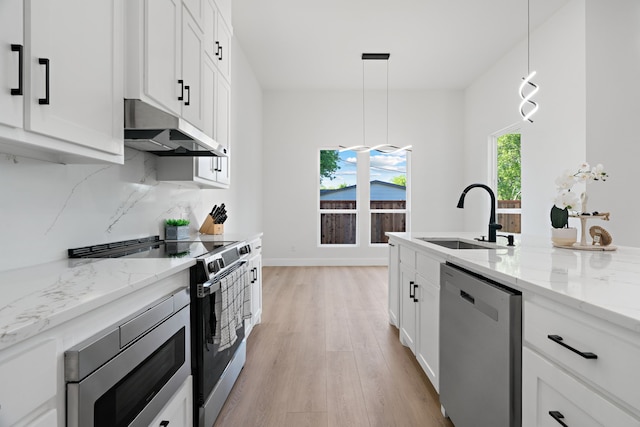 205 Altamesa Blvd, Fort Worth, TX 76134 - kitchen with appliances with stainless steel finishes, under cabinet range hood, a sink, light wood-style floors, and white cabinetry