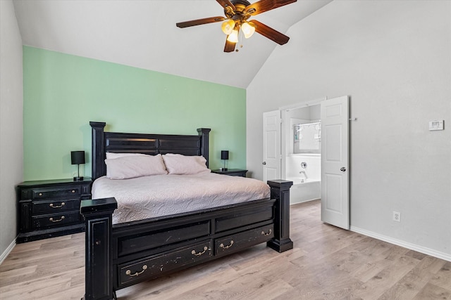 1505 Oakcrest Dr, Providence Village, TX 76227 - bedroom with high vaulted ceiling, baseboards, light wood-style flooring, ensuite bath, and a ceiling fan