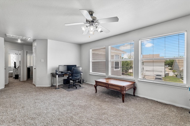 1505 Oakcrest Dr, Providence Village, TX 76227 - office featuring a ceiling fan, carpet floors, a textured ceiling, and baseboards