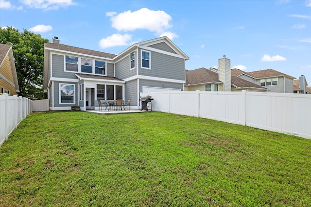 1505 Oakcrest Dr, Providence Village, TX 76227 - back of house with an attached garage, a patio, and a chimney
