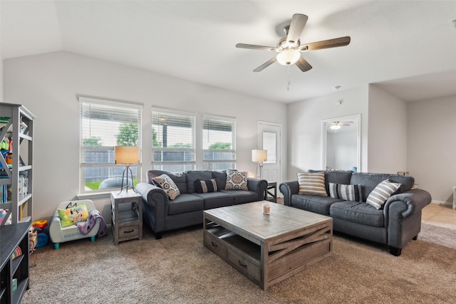 16417 Marinette Ct, Justin, TX 76247 - carpeted living area featuring ceiling fan and lofted ceiling
