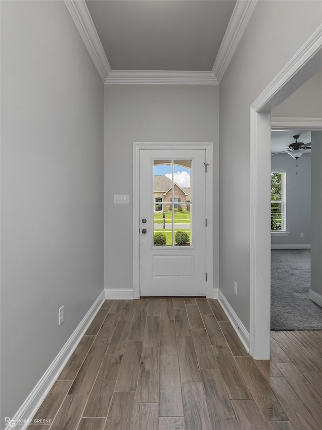 345 Coppice Pl, Bossier City, LA 71111 - entryway with crown molding, wood finished floors, baseboards, and ceiling fan
