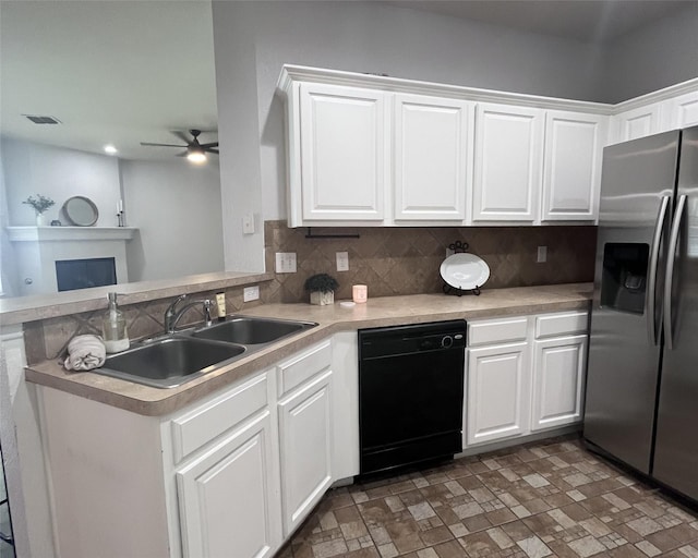 11040 Kinston St, Fort Worth, TX 76179 - kitchen with stainless steel refrigerator with ice dispenser, black dishwasher, a sink, a ceiling fan, and tasteful backsplash