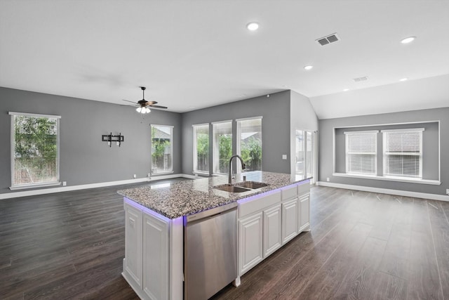 300 Navo Rd, Little Elm, TX 75068 - kitchen featuring open floor plan, stainless steel dishwasher, a sink, ceiling fan, and white cabinets