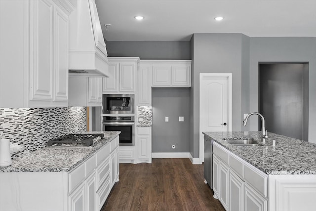 300 Navo Rd, Little Elm, TX 75068 - kitchen with appliances with stainless steel finishes, a sink, custom exhaust hood, dark wood-type flooring, and backsplash
